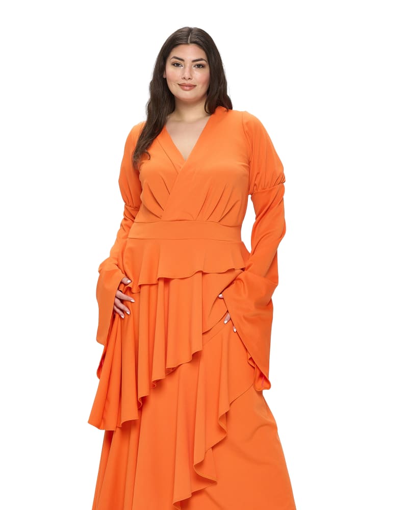 Front of a model wearing a size 2X Zeta Ruffled Drama Dress in Tangerine by L I V D. | dia_product_style_image_id:315257